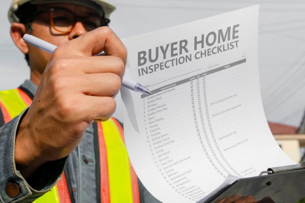 A man holder up a checklist that reads "buyer home inspection checklist"