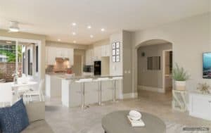 Gallery style kitchen with breakfast bar and staging