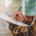 A person writes some things down on a notepad as they inspect a home.