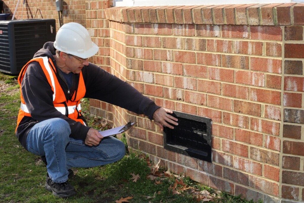 A man in a high vis vest and a hard hat inspects the ventilation as part of crawl space maintenance.
