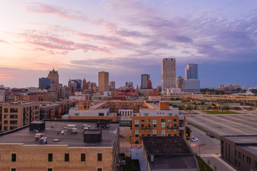 view of downtown Minneapolis during sunset