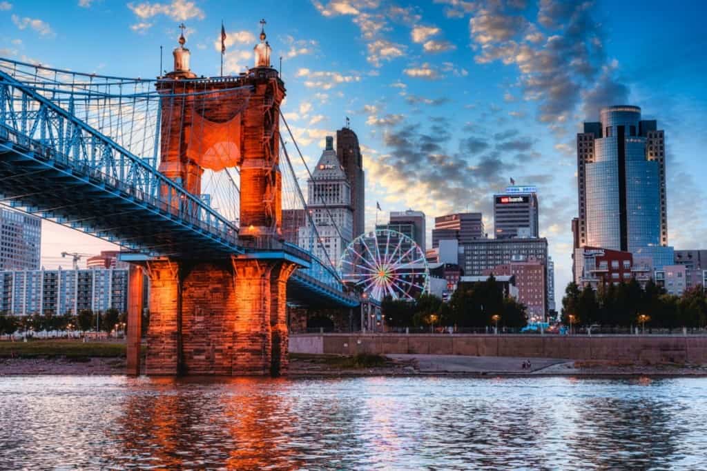 cincinnati downtown bridge at sunset