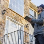 home appraiser standing outside a home looking up at exterior window
