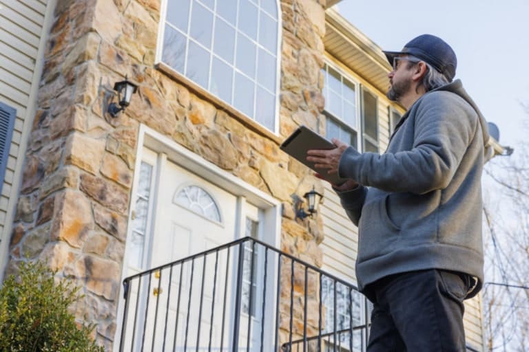 home appraiser standing outside a home looking up at exterior window