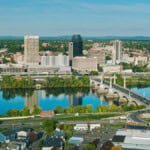 Downtown Springfield, Massachusetts from West Springfield with Connecticut River-Aerial