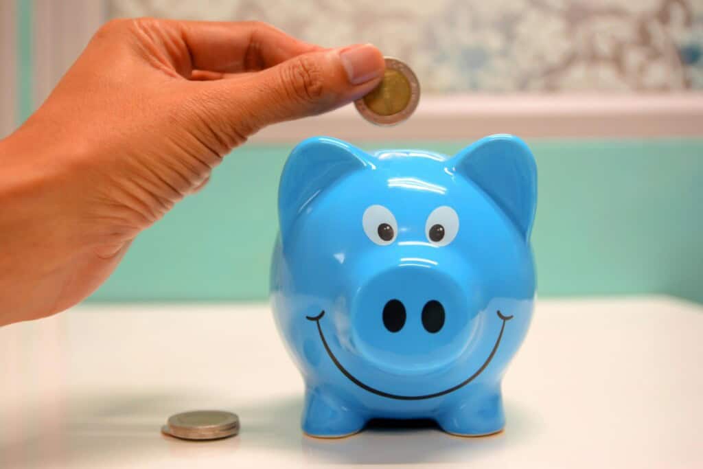 blue piggy bank with money