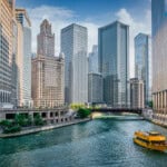 Chicago River Cityscape Water Taxi Tourboat Cruising in Summer