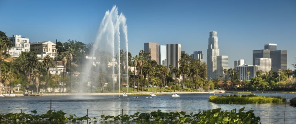 Urban cityscape center panorama of the city of Los Angeles looking over the lake in Echo Park