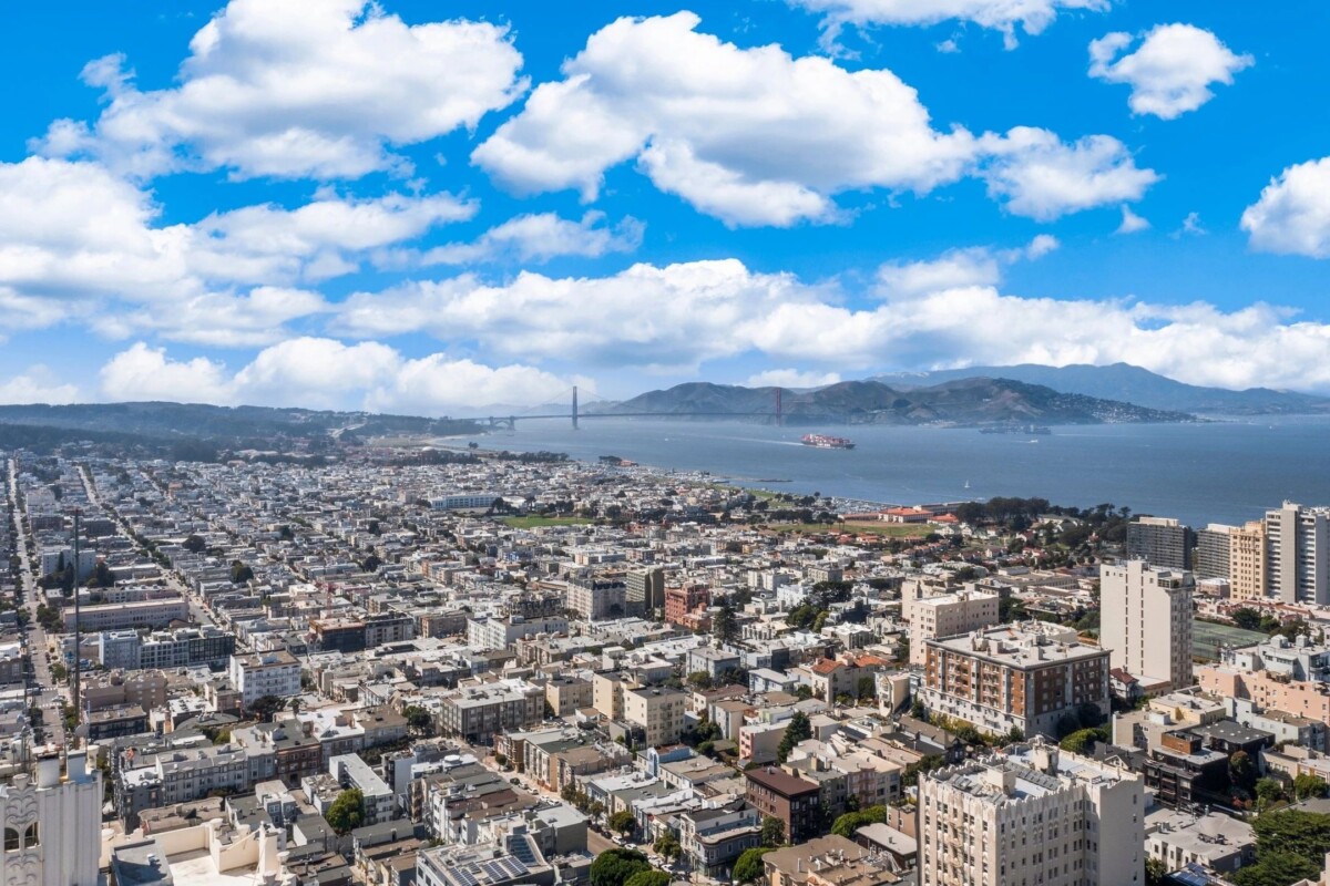 aerial view of san francisco bay and golden gate bridge from russian hill
