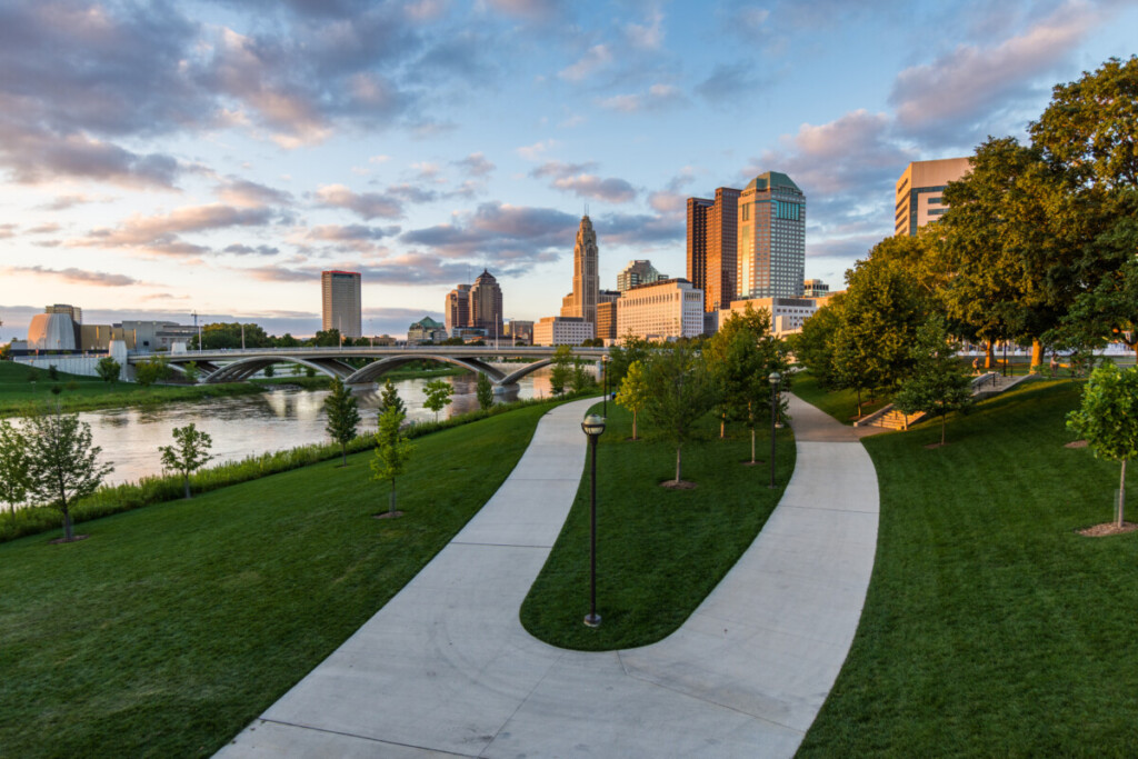 Skyline of Columbus, Ohio from Bicentennial Park bridge at Night