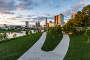Skyline of Columbus, Ohio from Bicentennial Park bridge at Night