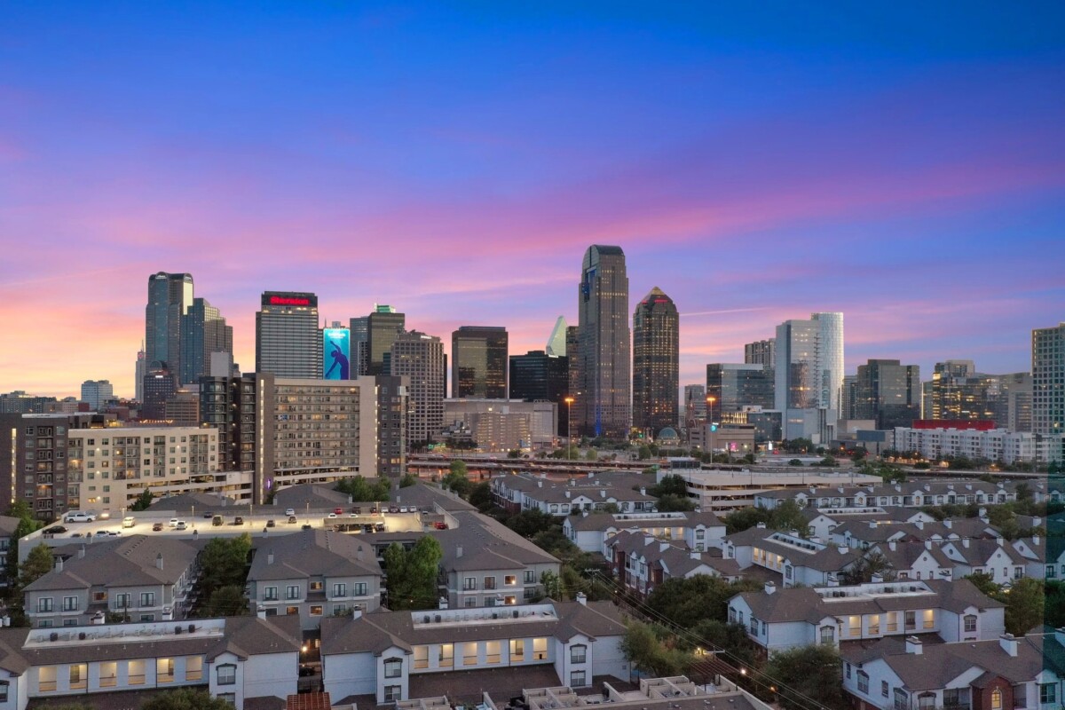 skyline view from old east dallas neighborhood at sunset