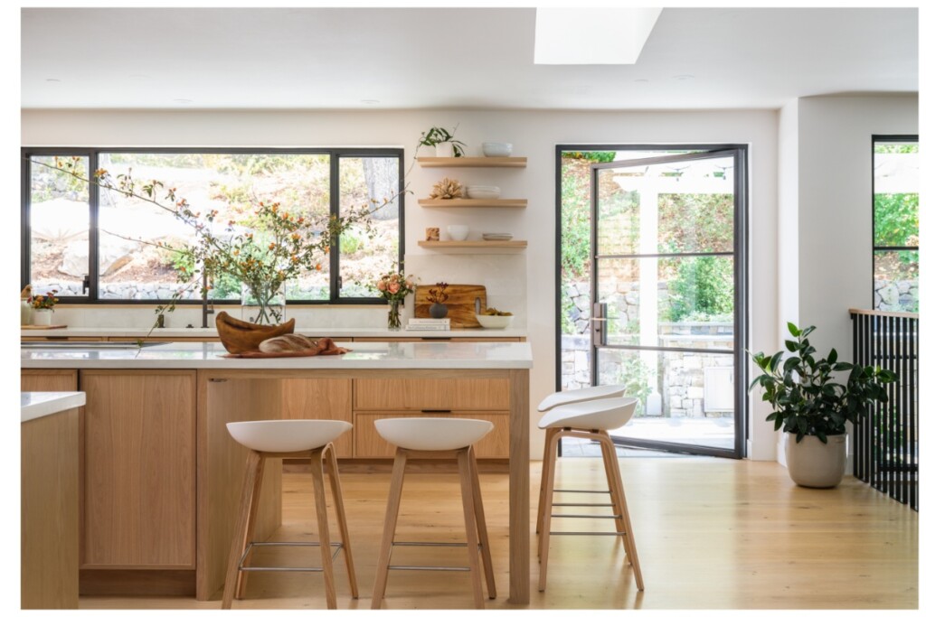 View of a brightly lit kitchen, biophilic home design