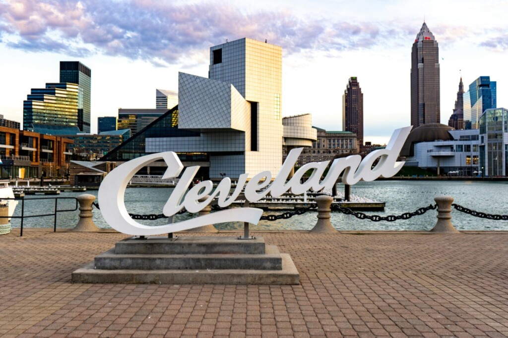 View of Cleveland skyline with "Cleveland" Sign in the front