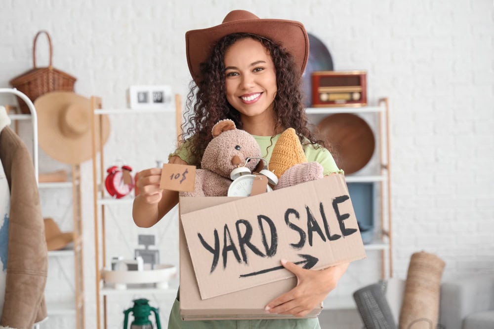holding yard sale sign