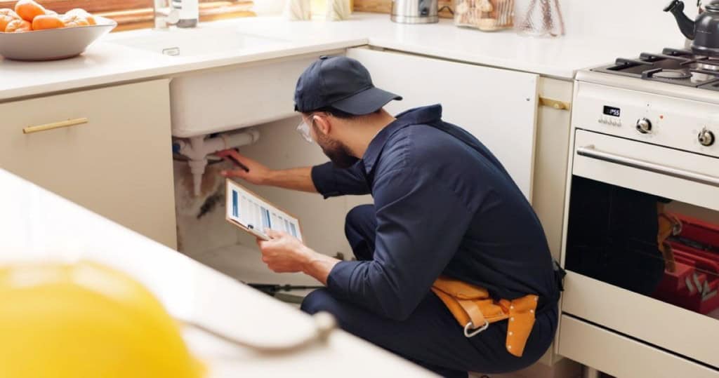 A man wearing a backwards cap inspecting the plumbing of a home during a 4-point inspection