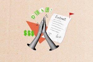 Two hands emerge from a surface to high-five next to a signed contract and the word "DEAL!" in green letters. The collage-style image also features dollar signs, symbolizing a successful real estate transaction or a finalized contract.