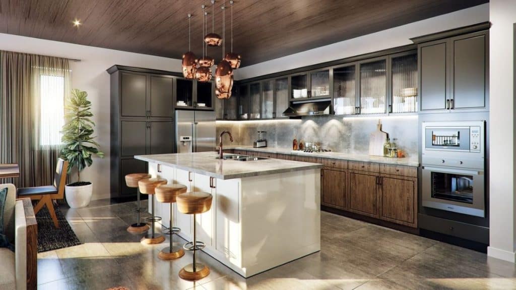 A modern, luxury kitchen with copper accents at 9132 Las Manaitas Ave #202, Las Vegas, NV 89144 is a condo for sale on Redfin.