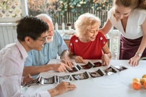 People sitting at a table looking